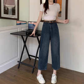 2025春夏梨形身材微胖穿搭款新款阔腿牛仔裤女高腰弯刀香蕉裤韩系