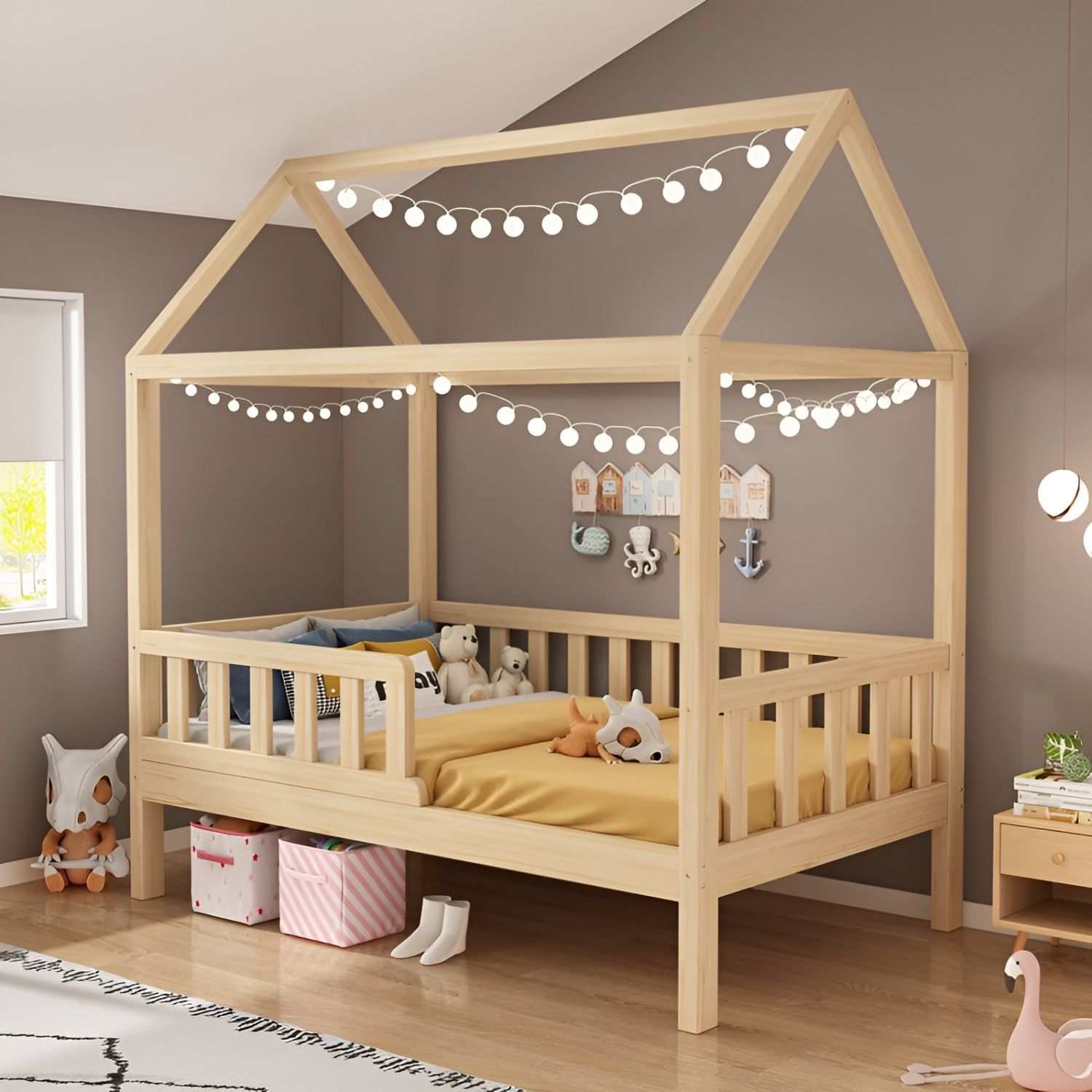 Solid Wood Children's Bed Baby Splicing Crib Boy and Girl Princess Wooden House Bed B&B Creative Tatami Platform Low Bed