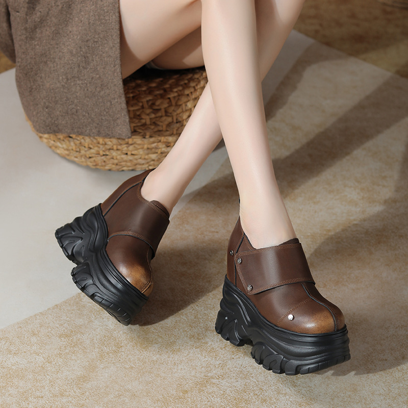 Giày cao gót nữ platform đế dày da thật cổ điển, gót 14 cm — Màu nâu
