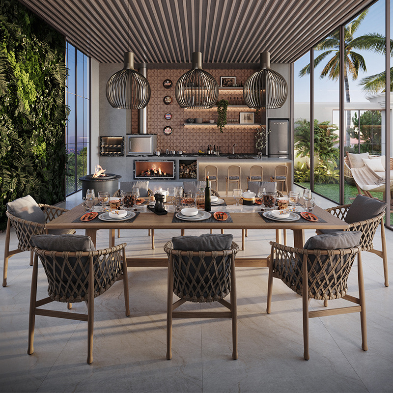 Mesas y sillas de teca para exteriores de villa, mesa larga de madera anticorrosión de diseño de alta gama para patio, jardín y hotel, con tejido de cuerda.