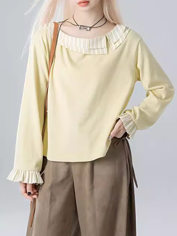 黄色荷叶边褶皱长袖衬衣女款2025新款爆款法式气质独特绝美小上衣|undefined