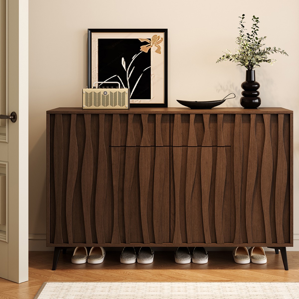 Solid Wood Shoe Cabinet for Home Use, Wall-Mounted, Multi-Layer, Large Capacity Shoe Rack, Vintage Style Entryway Storage Cabinet Integrated