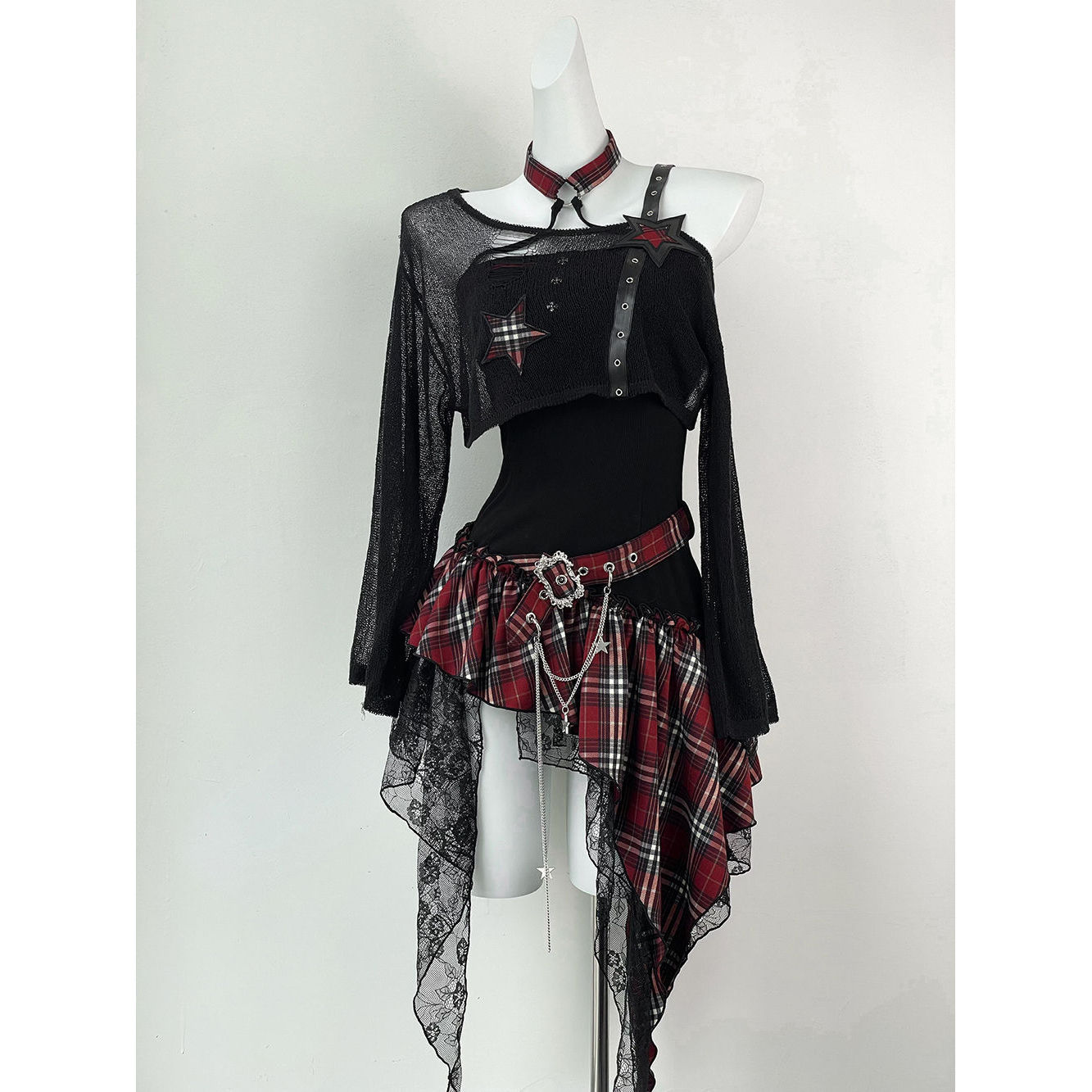 千禧辣妹黑色罩衫不规则连衣裙套装甜辣小众设计感收腰显瘦两件套