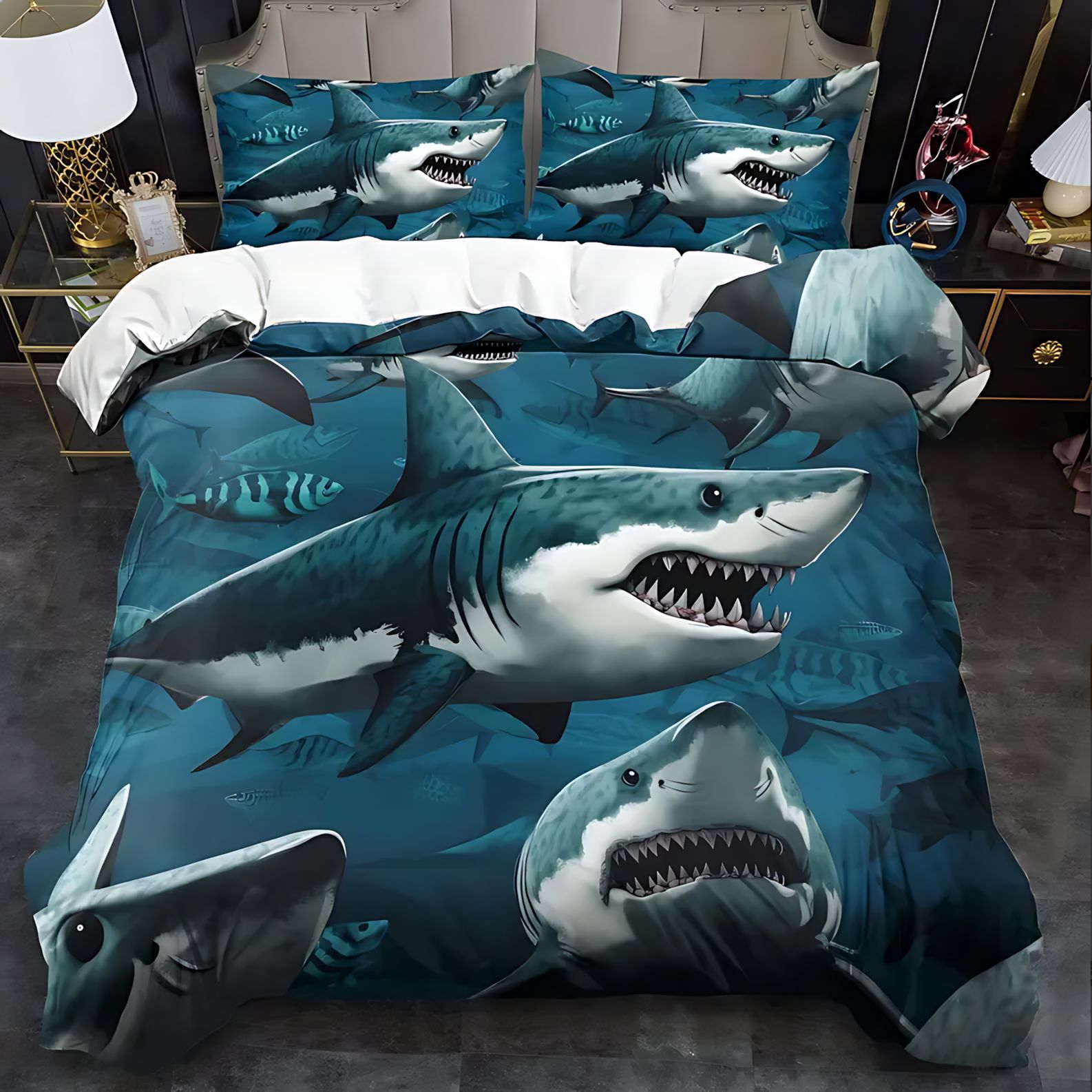 TEMU / JIT transfronterizo impresión de tiburón 3D impresión digital de alta definición colcha de cama kit para dibujar