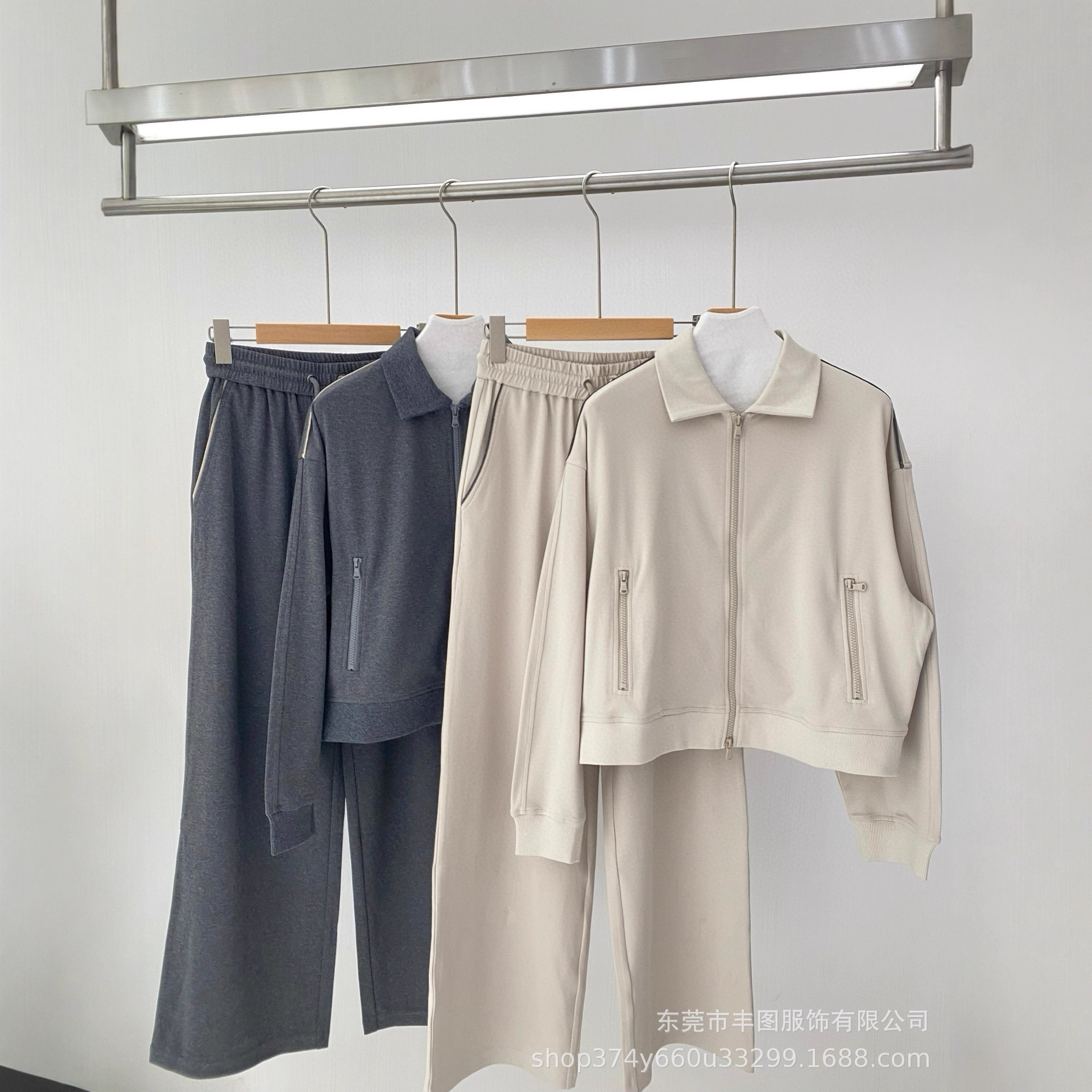 25 New Autum Bc Combed Cotton Casual Sports Suit Lapel Jacket Jacket Elastic Waist Straight Wide Leg Pants for Women