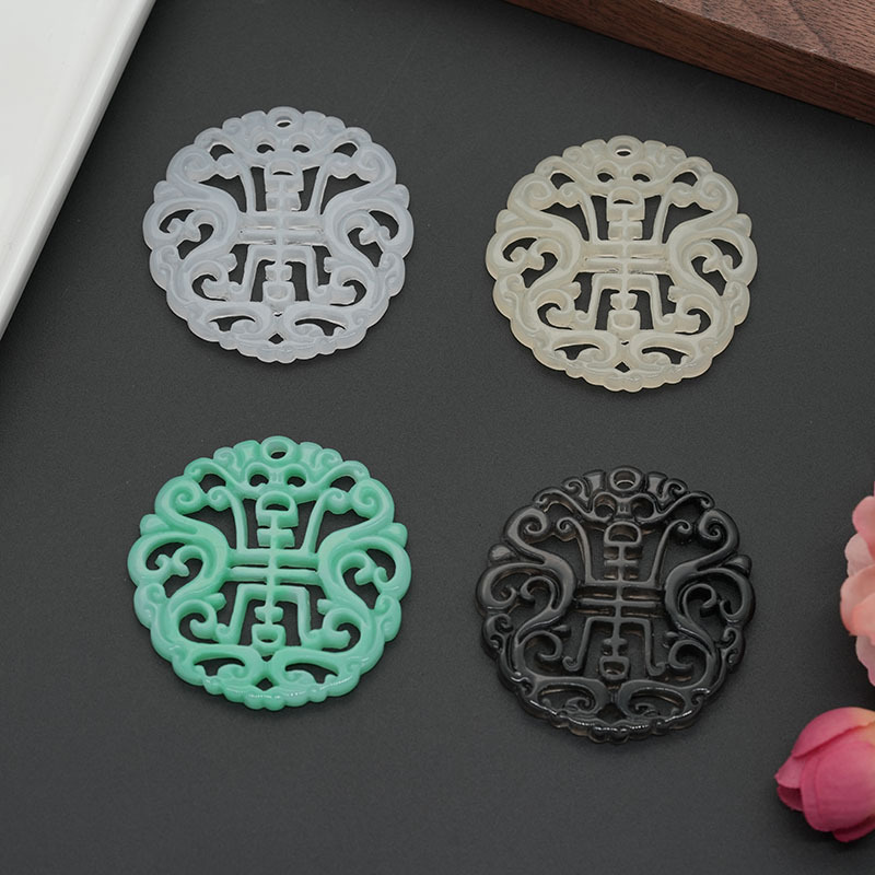 Resin Jewelry Accessories Double-Hole White Jade Lotus Fortune and Longevity Jade Pendant Hanfu Jade Piece Hanfu Chest Tassel Pendant