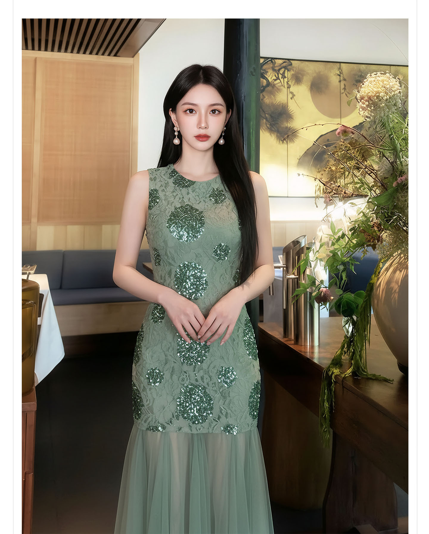 Đầm maxi nữ thắt eo họa tiết hoa nhí tay không cổ tròn — Xanh lá cây nhạtcolor chi tiết 7