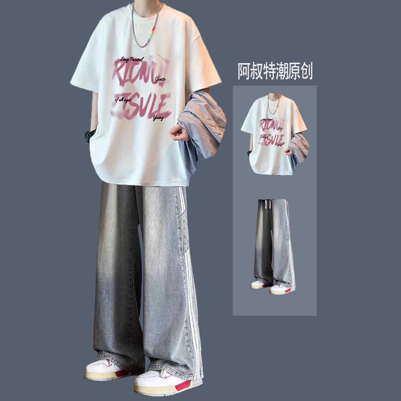 Summer Fashion for Teenage Boys: Stylish Student Outfits, Short-Sleeve T-Shirts, Trendy Brand Jeans, High Street Style Set