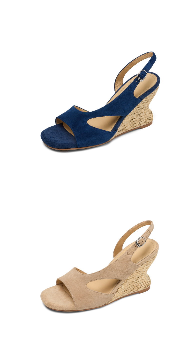 Sandal cao gót nữ mũi nhọn hở ngón, gót nêm đan rơm 8 cm, quai hậu buộc dây — xanh lam, màu mơ chi tiết 17