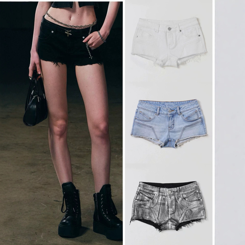 Sk Wilderness Phantom Ultra-Low-Waist Denim Shorts with a Stylish Design and Frayed Edges, Stretchy Hot Pants Sk Wilderness Phantom Ultra-Low-Waist Denim Shorts with a Stylish Design and Frayed Edges, Stretchy Hot Pants
