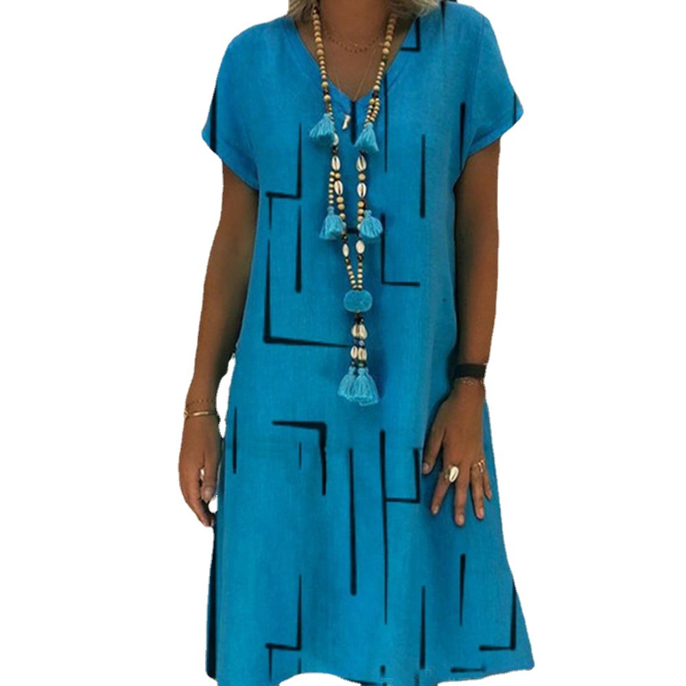 Damen-Kleiderlinie, einfarbig, lockerer, kurzärmliger Rock mit V-Ausschnitt_voghion.com