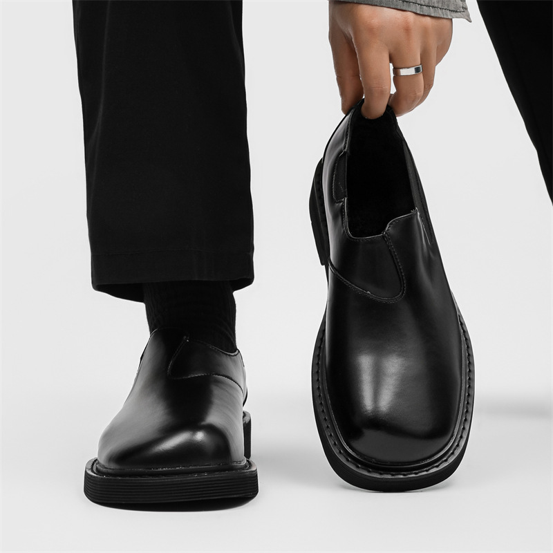 Square-Toe Black Leather Shoes for Men, Slip-On, Lazy Business Formal Wear, British Style Retro Casual Derby 68661-H