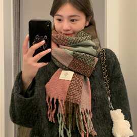 格子围巾女冬季加厚高级感新款英伦复古保暖围脖韩版百搭披肩粉色
