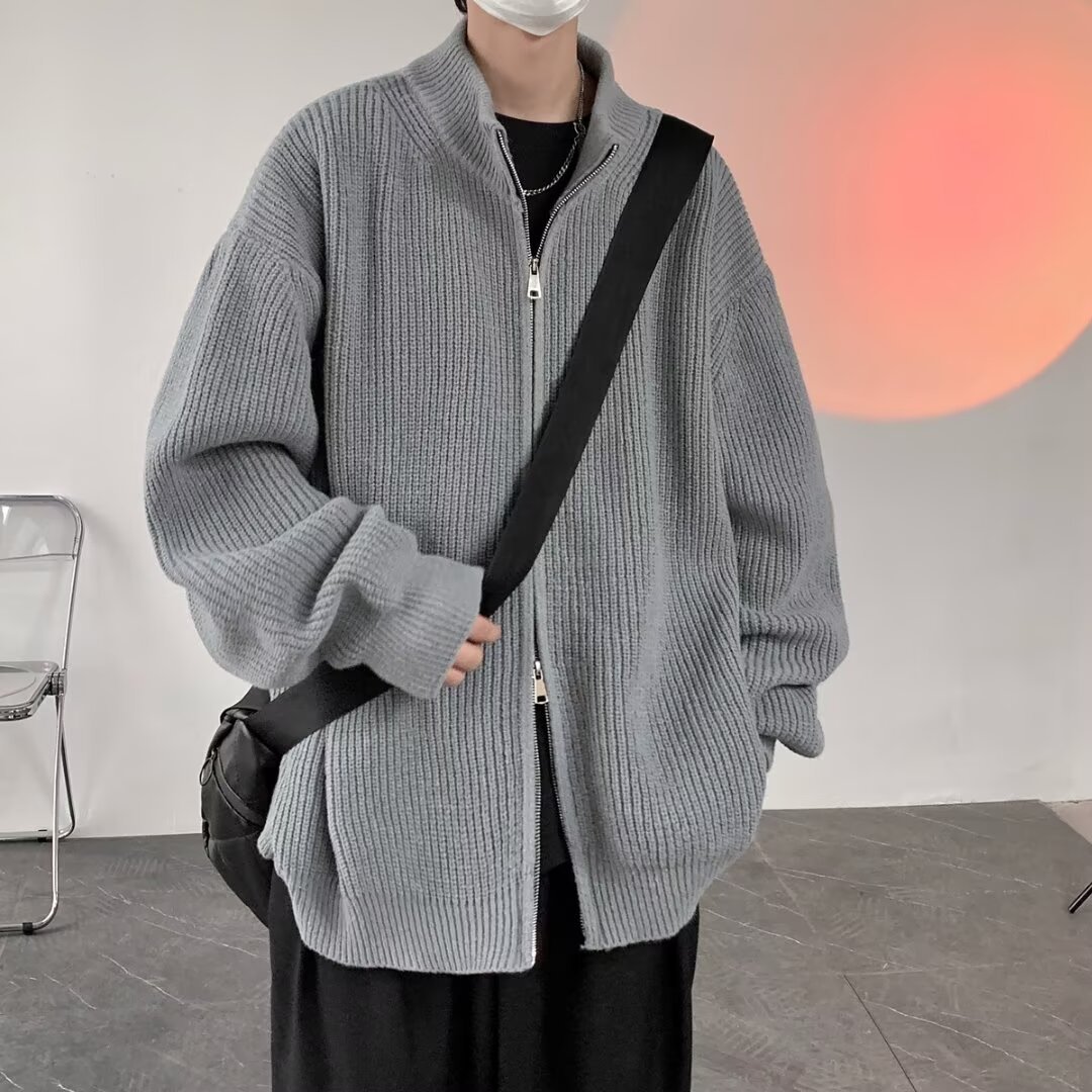 24 primavera y otoño estilo americano retro cuello de punto cardigan chaqueta hombre japonés relajado pareja alta sensación suéter