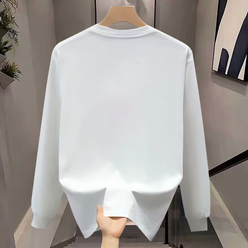 2025 Autumn Trendy All-Match Base Top: White Pure Cotton Long-Sleeve T-Shirt for Men, Crew Neck, Slim-Fit, Casual Style