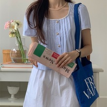韩国chic夏季减龄复古小众气质温柔甜美少女蓝色条纹花边拼接衬衫