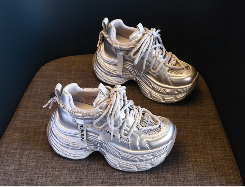 Giày sneaker nữ đế dày chunky mặt lưới thoáng khí, tăng chiều cao bên trong, đính đá rhinestone thời trang — Màu be chi tiết 5