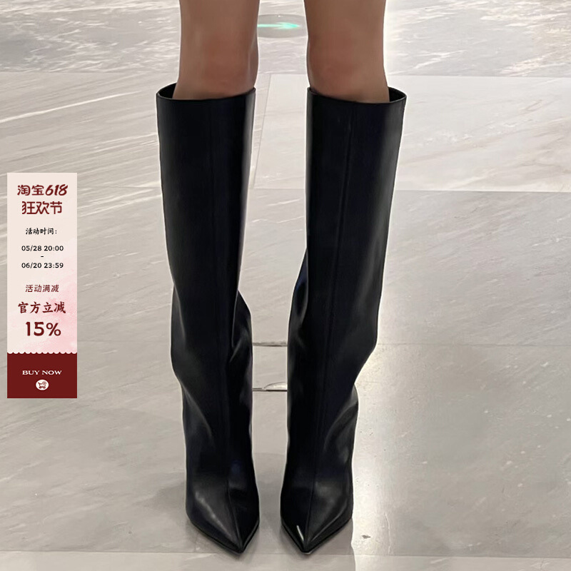 In Stock! Pointed Toe Long Boots for Women 2025 Spring and Summer New Style Large Tube Slimming Look Straight Leg Boots Wedge Heel Knight Boots