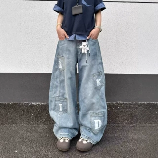 美式复古多口袋弯刀牛仔裤男款字母贴袋廓形休闲裤宽松垂感拖地裤