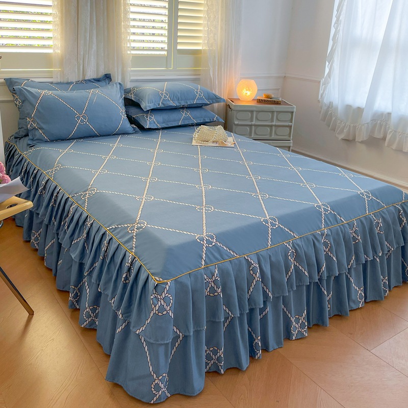 Falda de cama coreana Falda de cama de algodón de imitación agradable para la piel Funda de cama individual para dos piezas de tres piezas Funda de cama de encaje de doble capa de tres piezas image 10