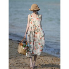 原创文艺复古棉麻连衣裙气质中长款女洋气无袖轻薄苎麻长裙宽松款