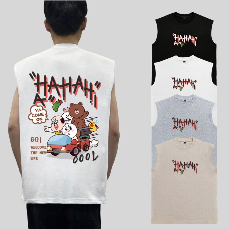 Summer Vest Unisex Same Style Brownie Bear Print Retro American Street Hip Hop Student Couple Sleeveless T-shirt