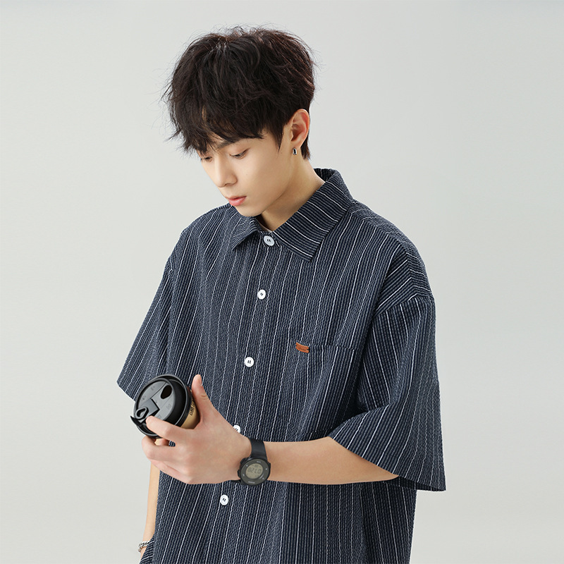 Textured Slightly Wrinkled Color-Block Striped Short-Sleeve Shirt for Men, New Season Japanese Style Loose Casual Collared Shirt Jacket