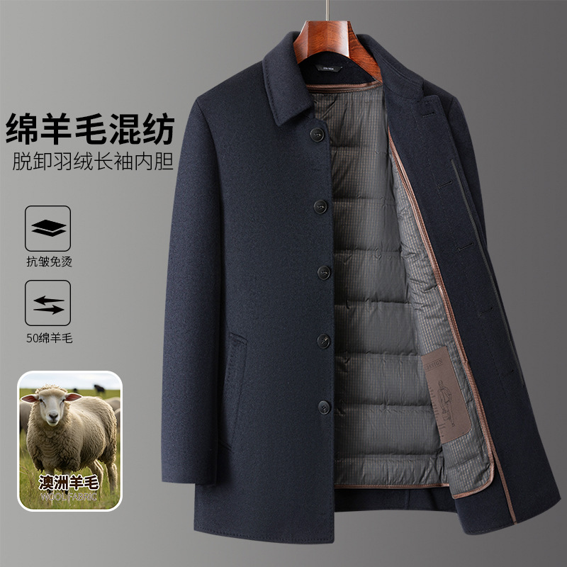 중년 남성 옷깃 양면 울 코트 가을과 겨울 따뜻한 탈착식 풀 코트 다운 라이너 아빠 복장