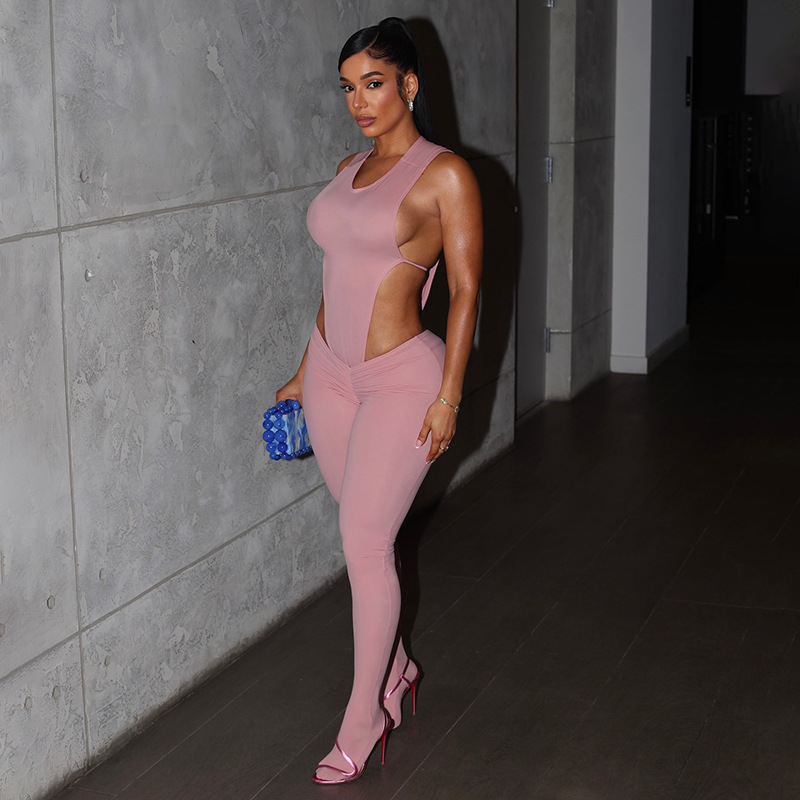 欧美风2025新款秋季女装纯色性感镂空漏腰修身高腰紧身露背连体裤