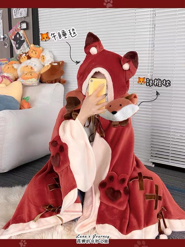 Luna Wonderful Journey Fox Afternoon Pajamas Air Conditioning Blanket Office Shawl Cape Cute Coral Fleece Student