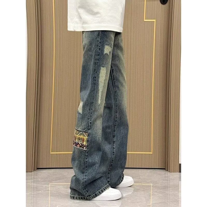 Ethnic Style Patchwork Denim Jeans for Men, American Retro Pants, Clean Fit, Drapey Straight-Leg, Slight Flare Long Pants