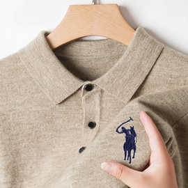 保罗长袖翻领羊戎手感毛衣男精美刺绣纯色秋冬季加厚针织衫上衣