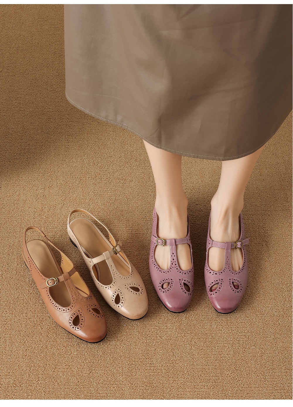 Sandal nữ quai ngang mũi kín da bò cổ điển gót thấp — màu nâu chi tiết 1