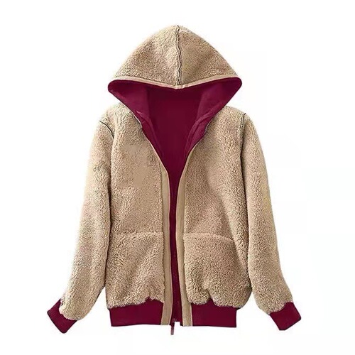Women's Fashion Composite Plush Hooded Long-Sleeve Solid Color Sweatshirt Printed Plush Jacket