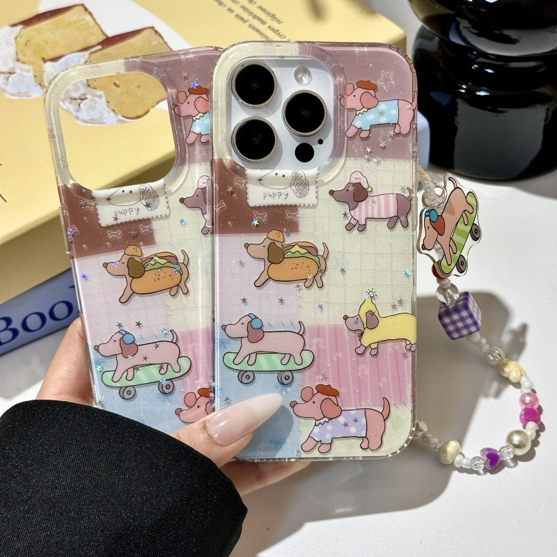 Perro salchicha de dibujos animados a cuadros de costura para Apple 15ProMax funda para teléfono móvil 16Pro brillo 14 femenino 13 nuevo 16P