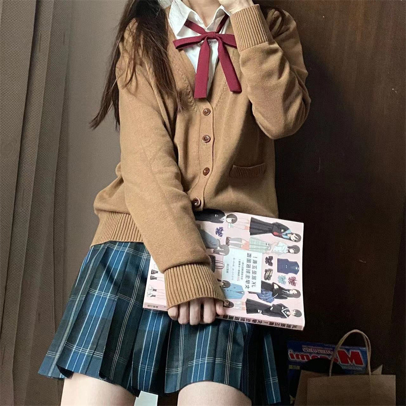 日系jk制服学院风针织开衫女基础款秋冬v领开衫毛衣外套学生校服