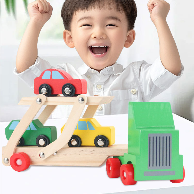 Juguetes de transporte de madera modelo de madera modelo de automóvil de bloque de construcción modelo de automóvil de transporte de carga de doble capa