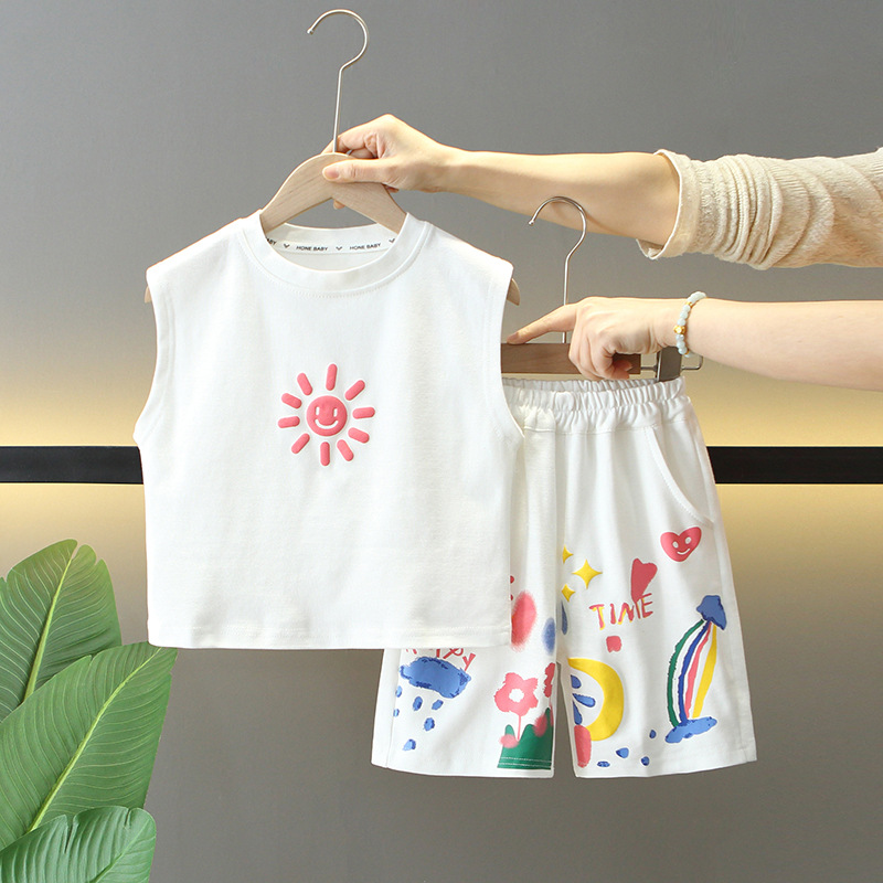 7953 traje de chaleco sin mangas de verano para niños 2025 nueva ropa de joven maestro de moda fresca y de moda para niños dos de verano