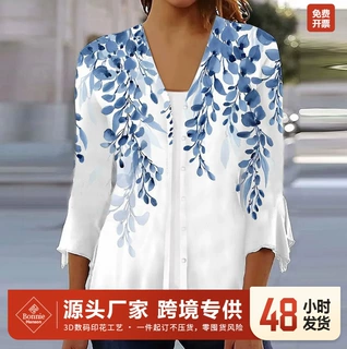 2025新款跨境亚马逊速卖通热销印花衬衫衬衣外贸蝴蝶印花女士上衣