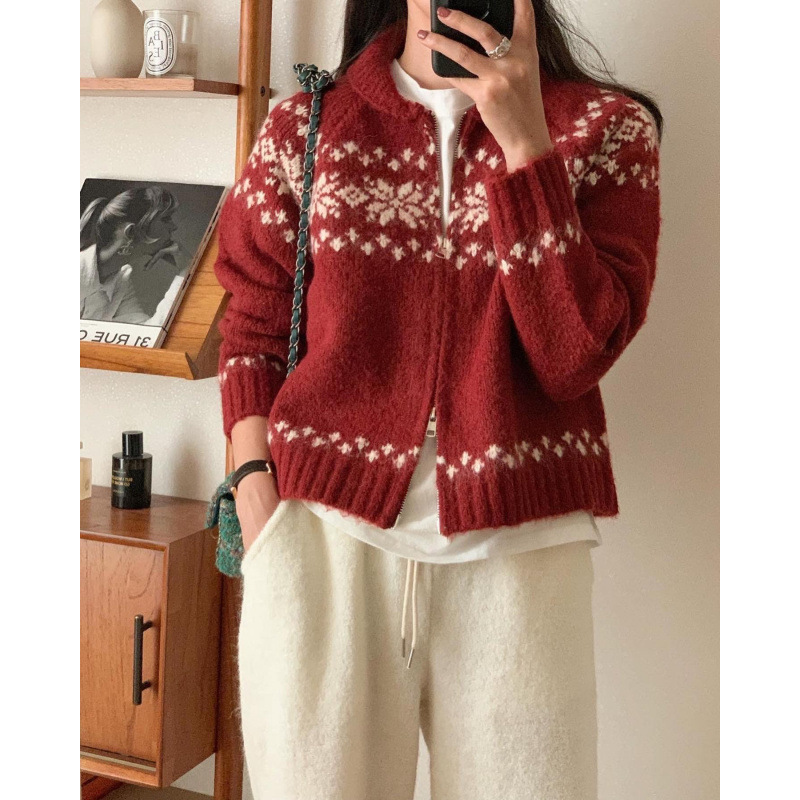 Lazy Style Jacquard Double Zipper Cardigan Snowflake Sweater Autumn and Winter New Loose Preppy Style Lapel Knitted Jacket