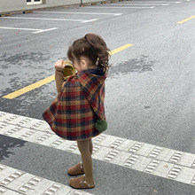 韩国童装2025女童冬夹棉加厚圣诞新年彩格双面羊毛呢斗篷保暖外套