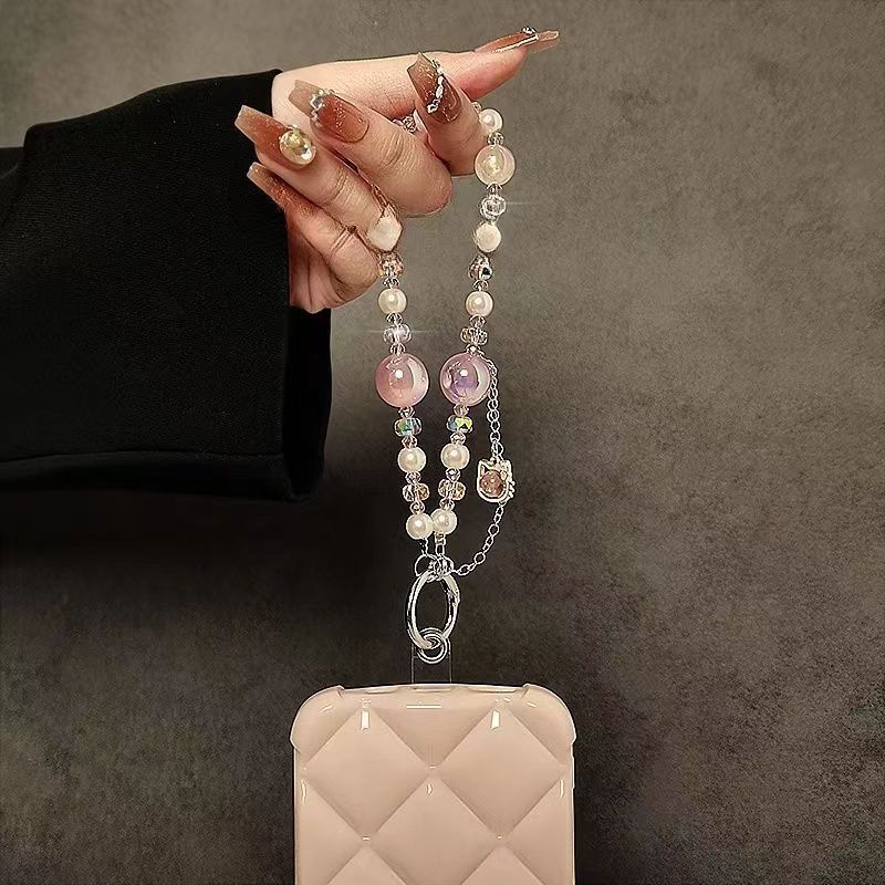 Creativo teléfono móvil colgante colgante gato borla ligero lujo corto hada gas perla cristal cadena portátil cordón de carcasa para teléfono móvil