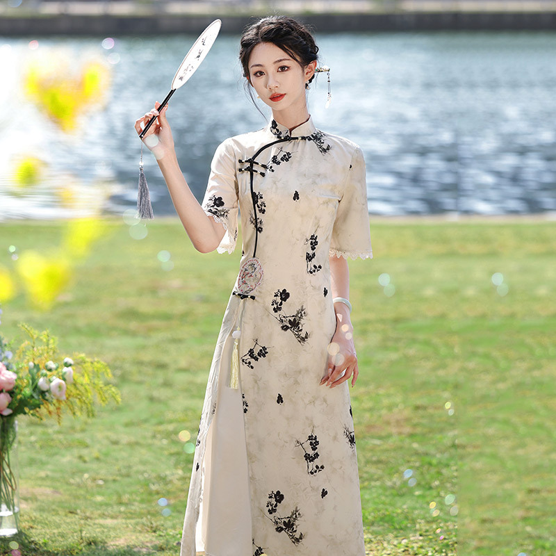 顯瘦奧黛新中式改良旗袍2024新款年輕款女國風復古連衣裙日常可穿