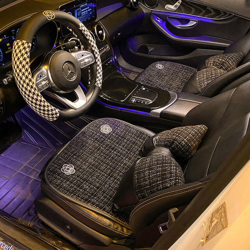 Car seat cushion for all seasons, summer cooling cushion, cotton and linen camellia  new light luxury car seat cushion and seat cover for women