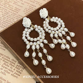 法式复古超仙花朵珍珠流苏耳环女2024新款设计感气质个性小众百搭
