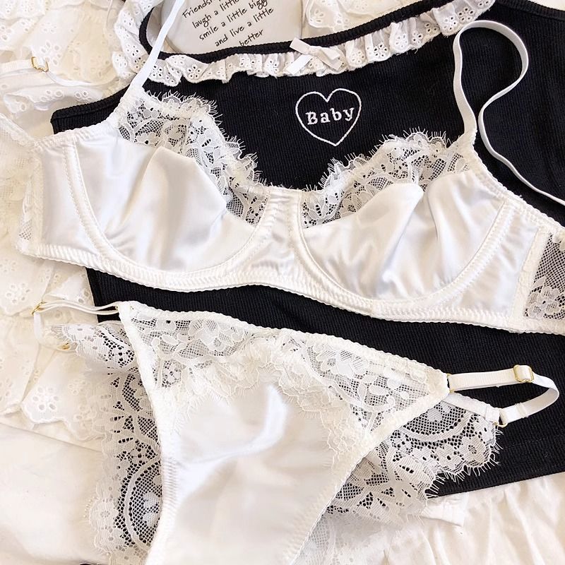 New high-grade satin lace underwear soft steel ring top anti-sagging big chest small ultra-thin bra suit