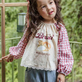 女童衬衫春款2025新品草莓珊韩国儿童女孩洋气格子袖印花T恤现货