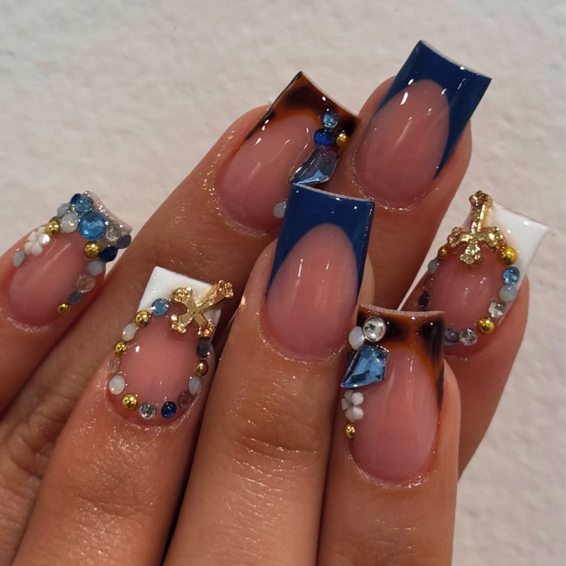 24 Pieces of Chinese-Style Press-On Nails with French Edge, Blue Rhinestones, Artificial Rhinestones, Blue Gemstone Nail Art, in Stock for Wholesale
