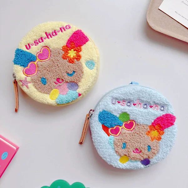 In-Stock Cartoon Plush Storage Bag with Cute Embroidery, Portable Earphone and Data Cable Organizer, Round Coin Purse