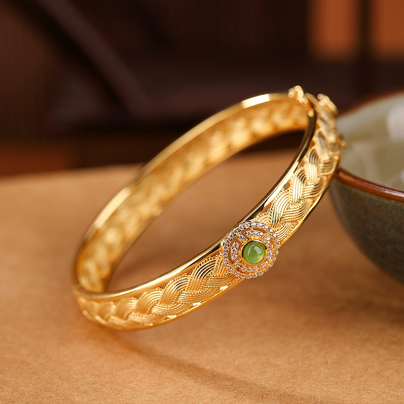 Vòng tay bạc S925 mạ vàng đính ngọc bích Hetian Jasper phong cách hoang dã — Kiểu mạ bạch kim